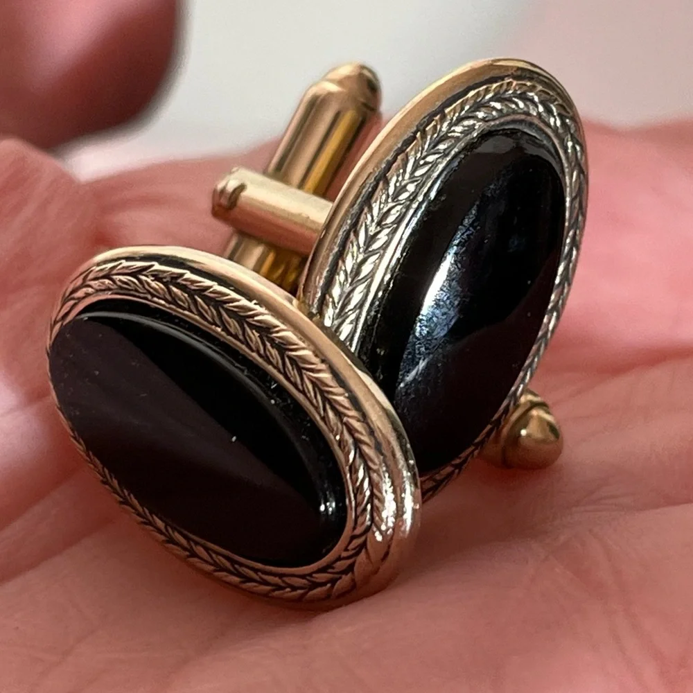 Vintage 60 70 Shield Victorian Oversized black onyx Brass Gold Cufflinks